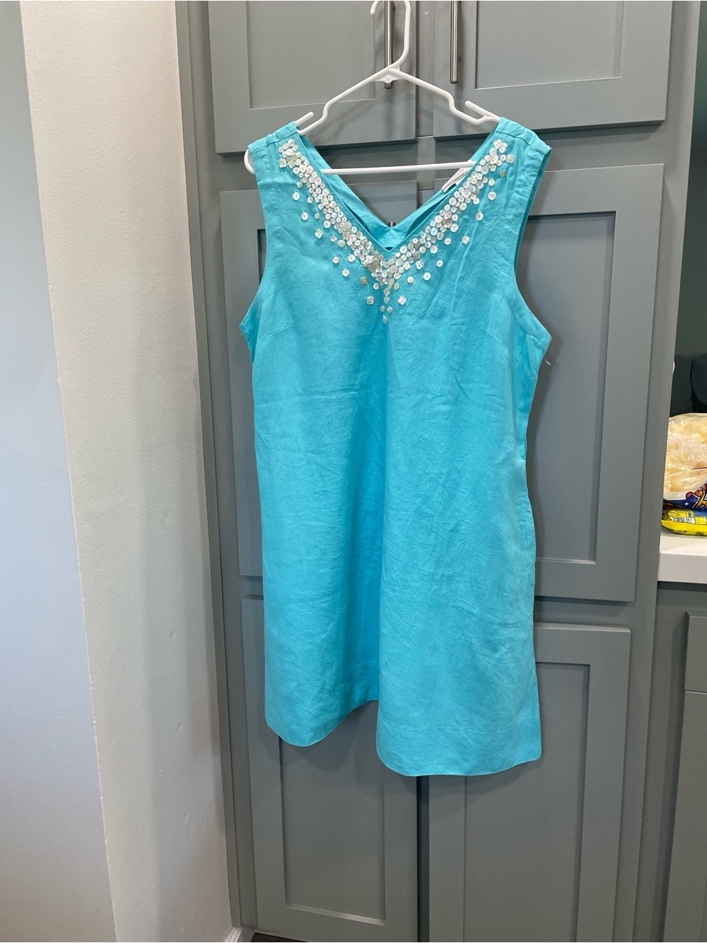 Charter Club linen Turquoise Sleeveless V-Neck Shift Dress with Sequin Detail